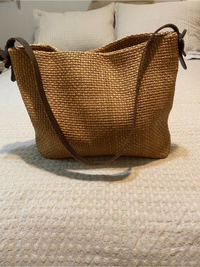 Italian made cotton woven bag with cow hide brown leather strap